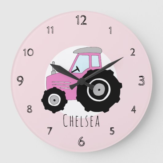 Baby Girl's Doodle Pink Boerderij Tractor Nursery Grote Klok (Voorkant)