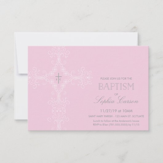 Baby Girl's Doop Uitnodiging & Elegant Kruis (Voorkant)