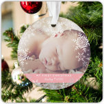 Baby Girl's eerste kerstflakes roze Ornament<br><div class="desc">Dit zoete ontwerp is voorzien van witte en zilveren glittersneeuwvlokken met ruimte voor één foto om de eerste Kerstmis van Baby te herdenken! Het collectie van de coördinatie van producten is te vinden in onze winkel, zazzle.com/doodlelulu*. Neem contact met ons op als je dit ontwerp op een specifiek product wilt...</div>