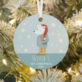 Baby Girls Eerste kerstfoto Beer poly & sneeuw Metalen Ornament