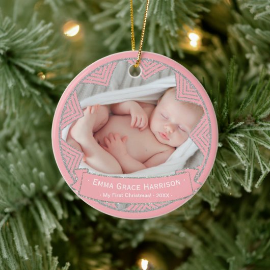 Baby Girl's eerste kerstfoto | Blush roze Keramisch Ornament (Boom)