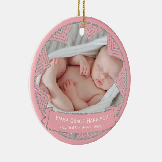 Baby Girl's eerste kerstfoto | Blush roze Keramisch Ornament (Rechts)