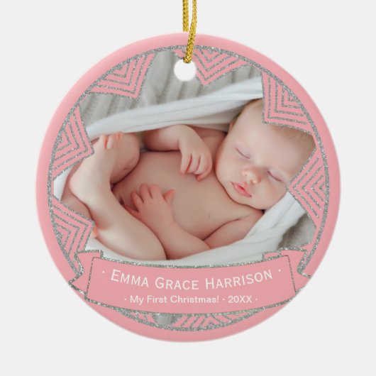 Baby Girl's eerste kerstfoto | Blush roze Keramisch Ornament (Voorkant)