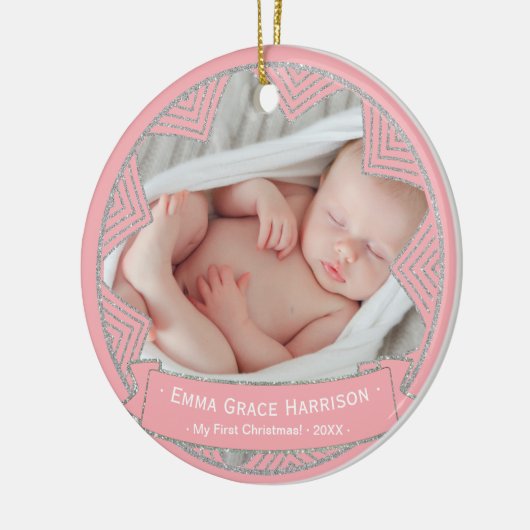 Baby Girl's eerste kerstfoto | Blush roze Keramisch Ornament (Links)
