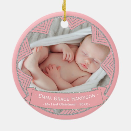 Baby Girl's eerste kerstfoto | Blush roze Keramisch Ornament (Achterkant)