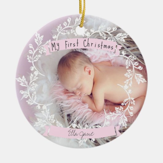 Baby Girl's eerste kerstfoto Keramisch Ornament (Voorkant)