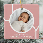 Baby Girl's eerste kerstfoto roze Keramisch Ornament<br><div class="desc">Dit simpele Baby Girl's Eerste kerstfoto-Ornament is versierd met het woord JOY op een roze achtergrond. Gemakkelijk aanpasbaar met uw foto,  naam,  en jaar.</div>