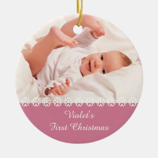 Baby Girls Eerste Kerstmis. Foto's en STATEN - Roz Keramisch Ornament (Voorkant)