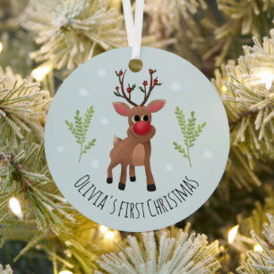 Baby Girls Eerste Kerstmis Rudolph Reindeer & Snow Metalen Ornament
