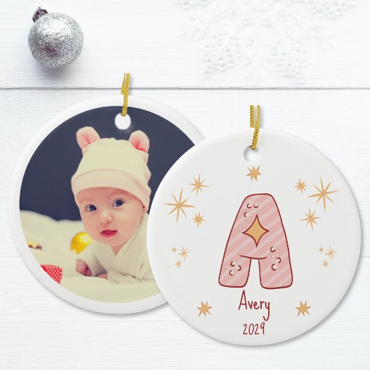 Baby Girl's eerste kerstmonogram met foto Keramisch Ornament