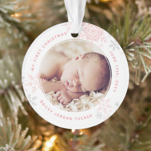 Baby Girl's eerste kerstroze snowflakes Foto Ornament