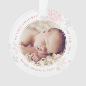 Baby Girl's eerste kerstroze snowflakes Foto Ornament (voorkant)
