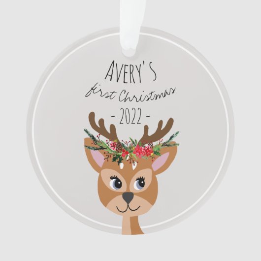 Baby Girls First Kerstfeestjes Reindester & Name Ornament (voorkant)