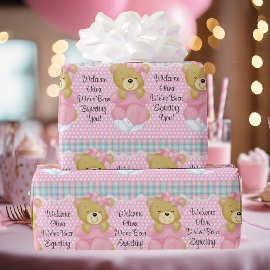 Baby Girl's Naam Tekst  roze aanpassen Cadeaupapier