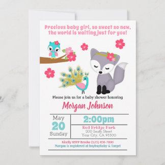 Baby Girls Pink Fox Baby shower Invitation Kaart