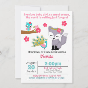 Baby Girls Pink Fox Baby shower Invitation Kaart