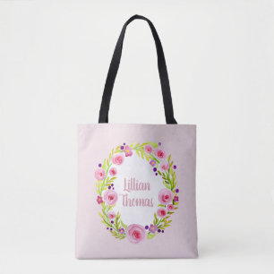 Baby Girl's Roze Waterverf Vloerbreedte en naam Tote Bag