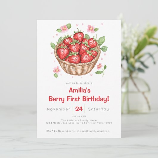 Baby Girls Strawberry Berry First Birthday  Kaart (Staand voorkant)
