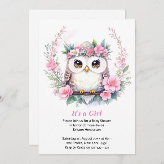 Baby Girl's Uil Bloemendouche Kaart (Voorkant / Achterkant)