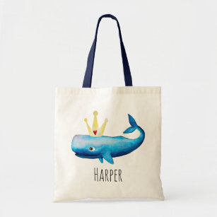 Baby Girl's Waterverf Princess Whale and Name Tote Bag