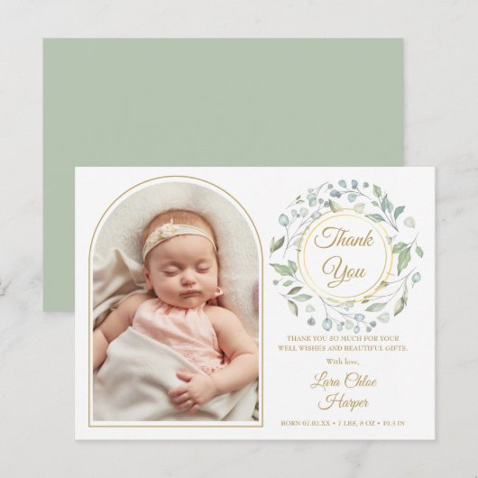 Baby Goud Boog Foto Groene Dank Je Wel Geboorte Aankondigingskaart (Voorkant / Achterkant)