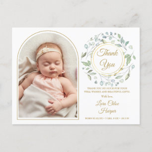 Baby Gouden Boog Foto Groenelementen Bedankt Geboo Aankondigingskaart