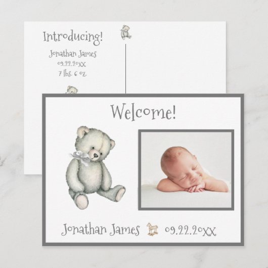 Baby Grijze Neutrale Typografie Naam Stats Aankondigingskaart (Voorkant / Achterkant)