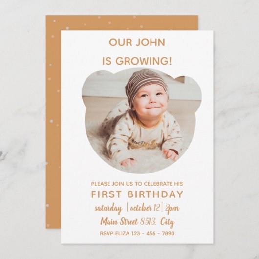 Baby groeit - Beer Foto Lijst Uitnodiging (Voorkant / Achterkant)