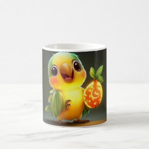 baby groene en gele papegaai die een lichtgevende koffiemok