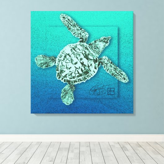 Baby Groene Zee Schildpad in Groen Canvas Afdruk (Insitu (Houten vloer))