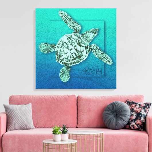 Baby Groene Zee Schildpad in Groen Canvas Afdruk (Insitu (Woonkamer))