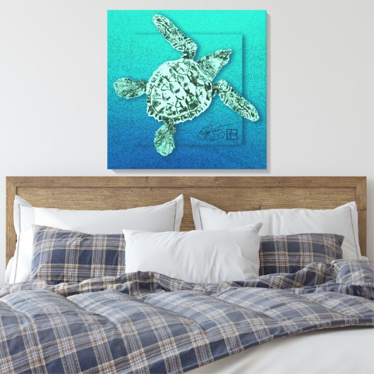 Baby Groene Zee Schildpad in Groen Canvas Afdruk (Insitu (Slaapkamer))