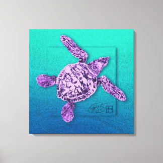 Baby Groene Zee schildpad in Violet Canvas Afdruk