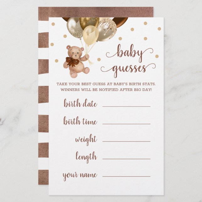 Baby Guesses Game Baby shower Teddy Bear (Voorkant / Achterkant)