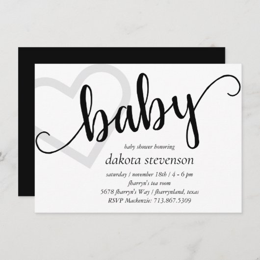 Baby-hart | Classic Zwart Script Douche of Reveal Kaart (Voorkant / Achterkant)