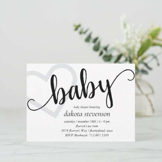 Baby-hart | Classic Zwart Script Douche of Reveal Kaart (Staand voorkant)