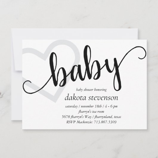 Baby-hart | Classic Zwart Script Douche of Reveal Kaart (Voorkant)