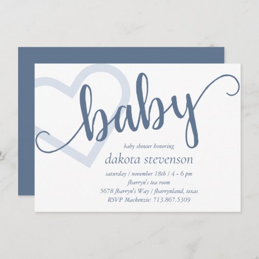 Baby-hart | Dusty Slate Blue Flourish Script Kaart (Voorkant / Achterkant)