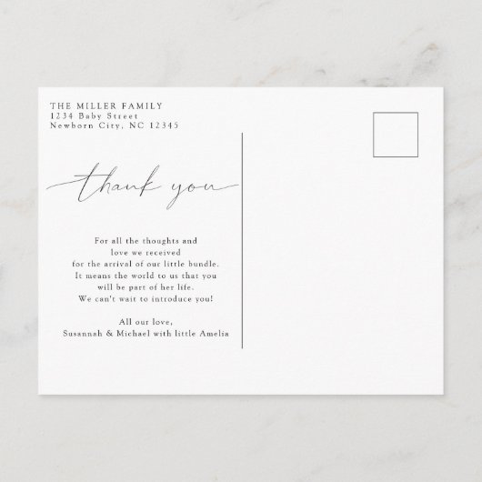 Baby Hartelijk dank voor de foto Moderne Calligraf Aankondigingskaart (Achterkant)