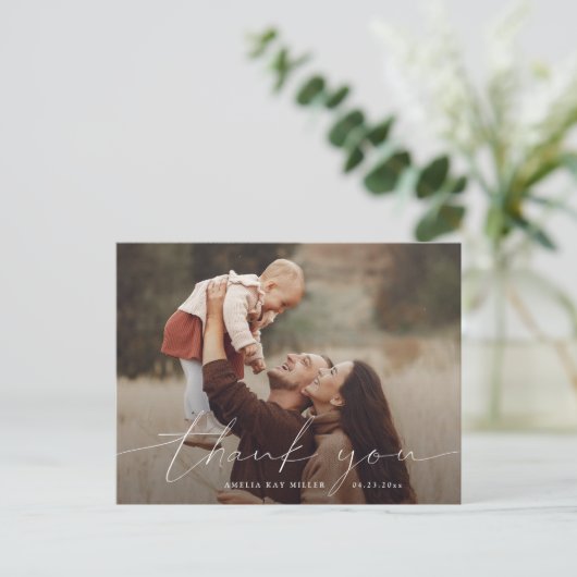Baby Hartelijk dank voor de foto Moderne Calligraf Aankondigingskaart (Staand voorkant)