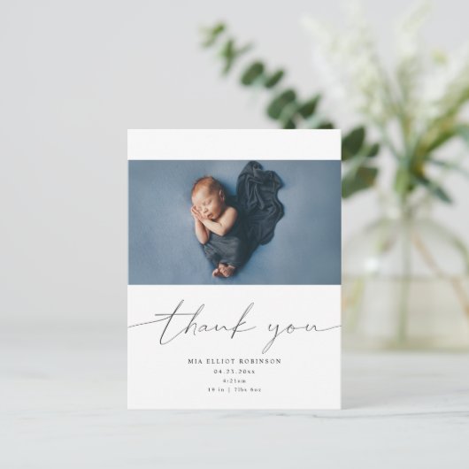 Baby Hartelijk dank voor de foto Moderne Calligraf Aankondigingskaart (Staand voorkant)