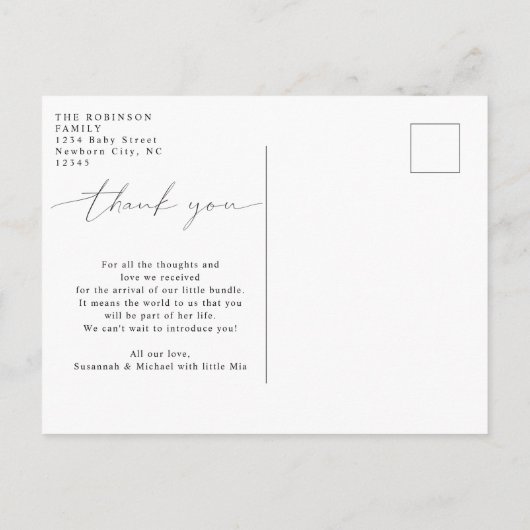Baby Hartelijk dank voor de moderne kalligrafie Fo Aankondigingskaart (Achterkant)