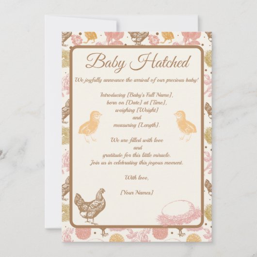 Baby Hatched Chicken Meisje Geboorte Aankondiging (Voorkant)