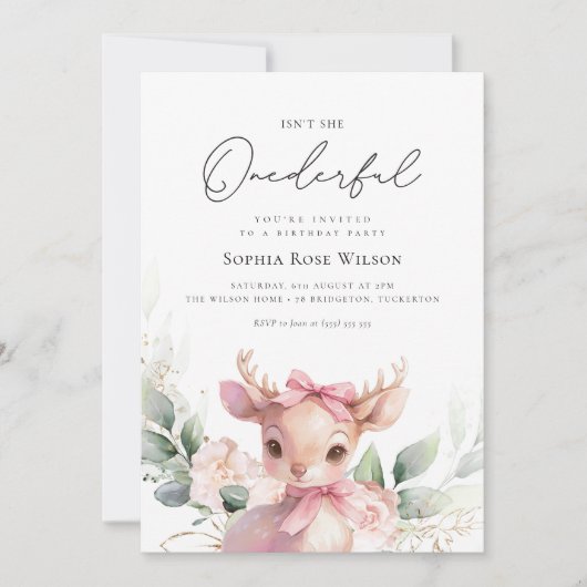 Baby Herten Bloemen Roze Bow Onederful 1e verjaard Kaart (Voorkant)