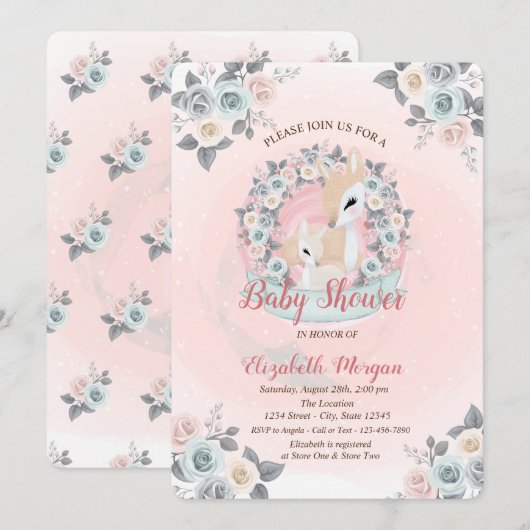 Baby Herten Bloemen Waterverf Baby shower Kaart (Voorkant / Achterkant)