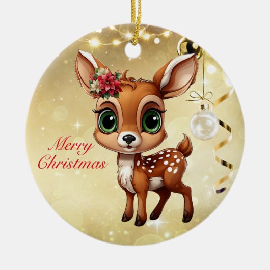 Baby Herten, Fawn, Doe 🦌🎄Goud Vrolijk Kerstfeest Keramisch Ornament (Voorkant)