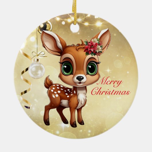 Baby Herten, Fawn, Doe 🦌🎄Goud Vrolijk Kerstfeest Keramisch Ornament (Achterkant)