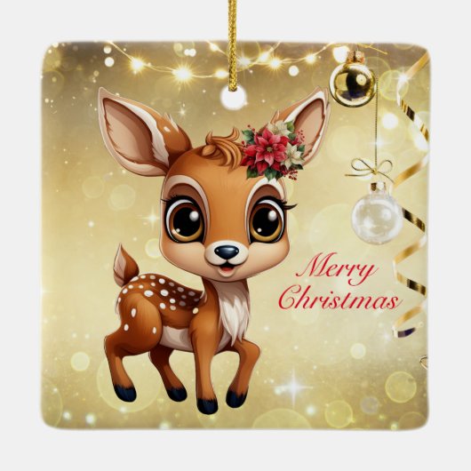 Baby Herten, Fawn, Doe 🦌🎄Goud Vrolijk Kerstfeest Keramisch Ornament (Achterkant)