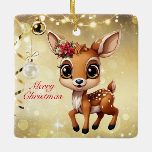 Baby Herten, Fawn, Doe 🦌🎄Goud Vrolijk Kerstfeest Keramisch Ornament (Voorkant)