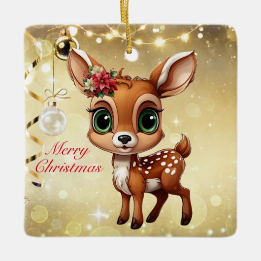 Baby Herten, Fawn, Doe 🦌🎄Goud Vrolijk Kerstfeest Keramisch Ornament (Voorkant)